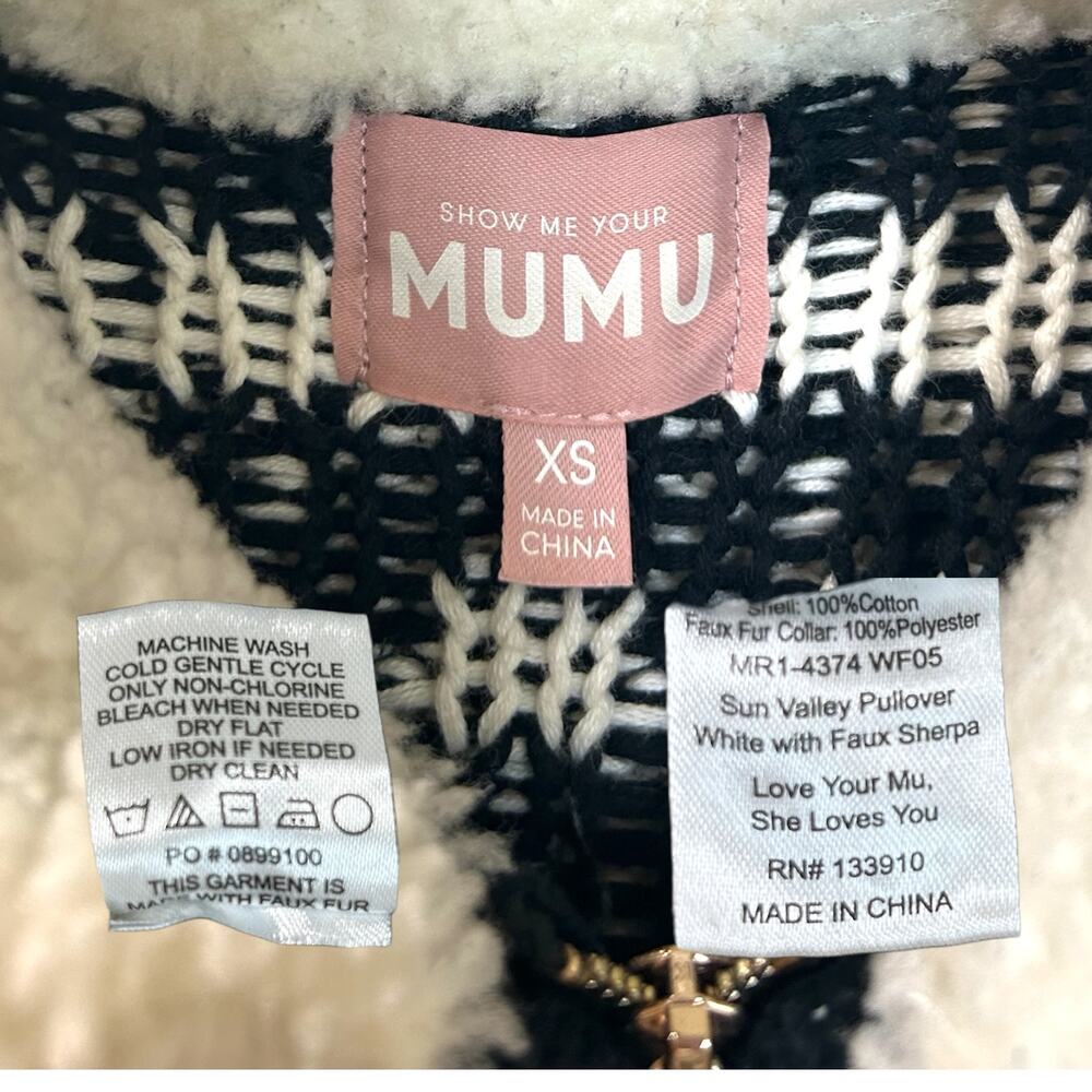 Show Me Your Mumu 'Sun Valley' Pullover Sweater Sherpa Fair-Isle, White Black XS - Picture 4 of 9